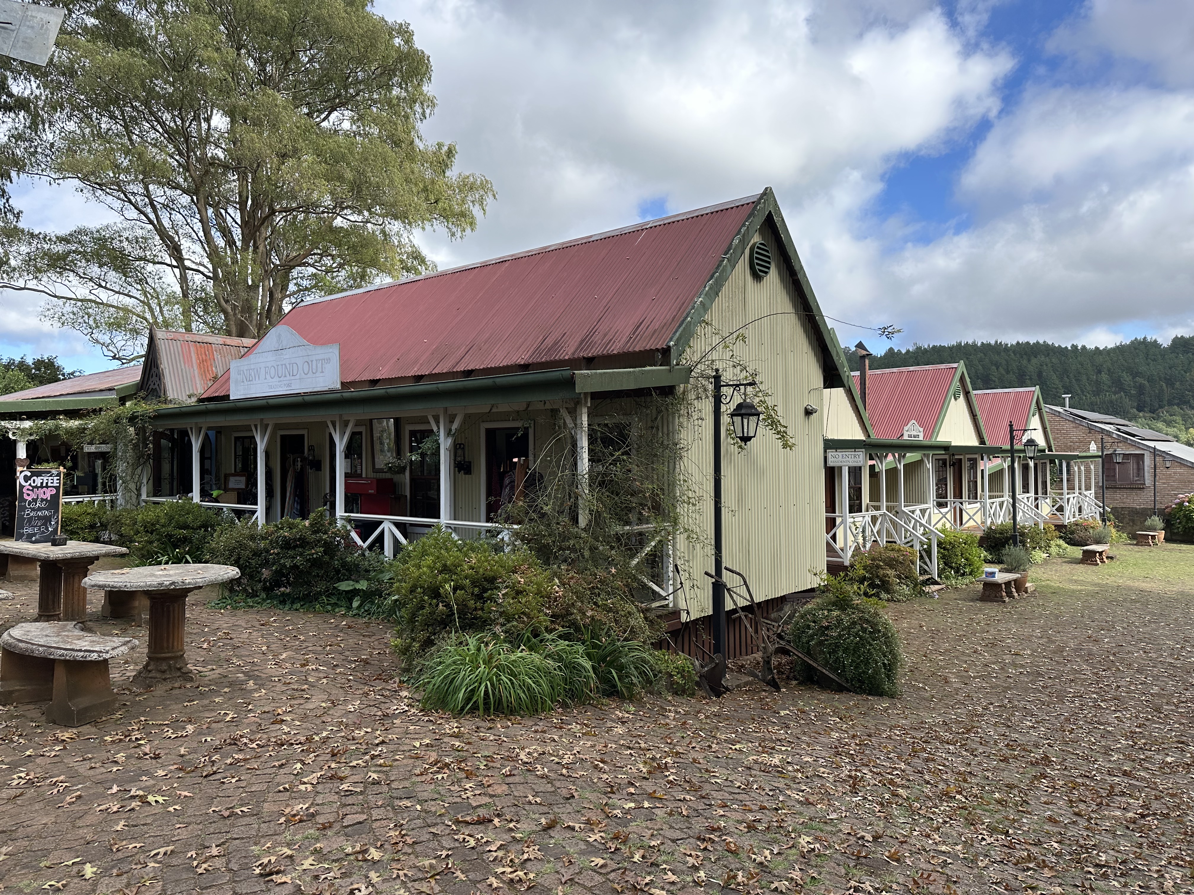 Haenertsburg: rij houten huizen met rode daken. 