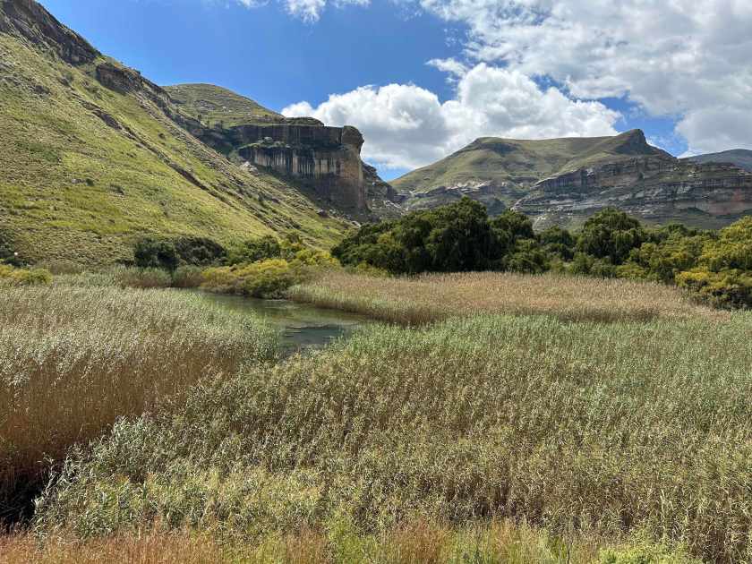 Golden Gate Highlands NP: vallei met witte wolken en blauwe lucht in achtergrond. 