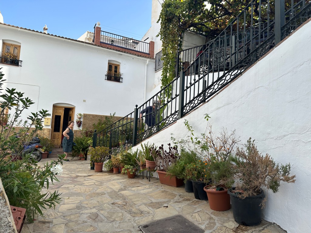 Wit huis met trap rechts en tientallen bloemen in potten. 