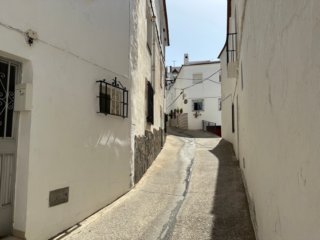 Steeg tussen effen witte huisgevels. 