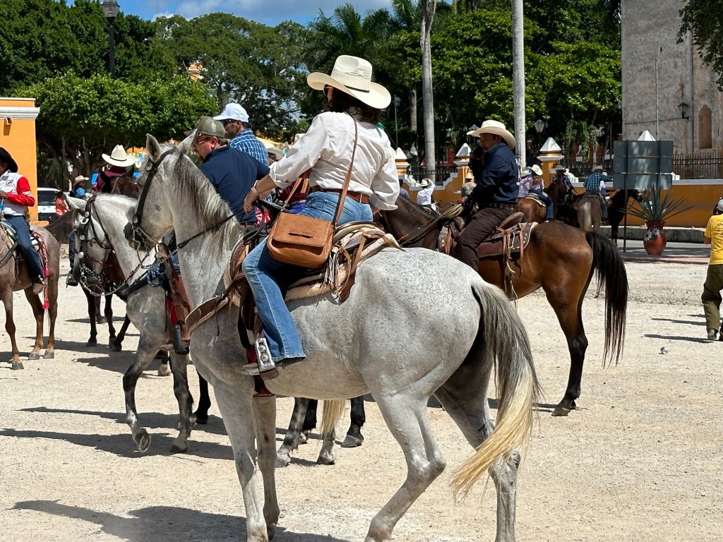 Schimmel met amazone met cowboy-hoed op de Cabalgata. 