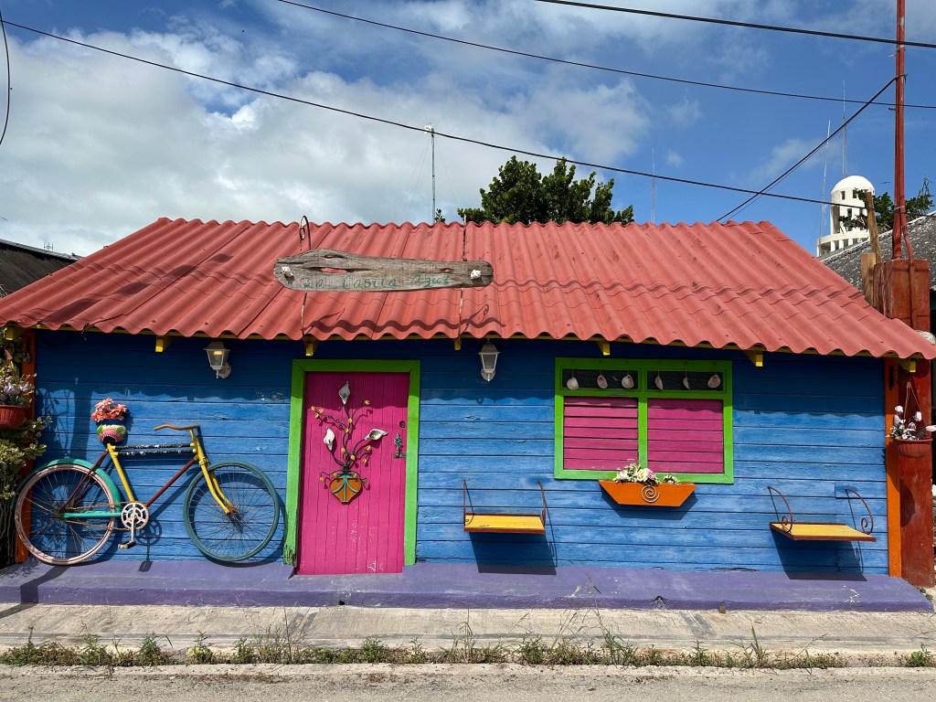 Blauw huis met roze deur en luiken, en kleurrijke fiets aan de muur en golfplaten dak.