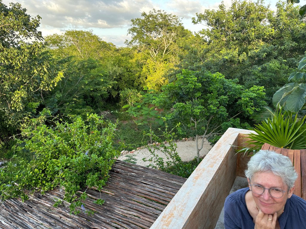 Tropisch woud vanaf balkon op de eerste verdieping van Galopina en toeriste rechts. 