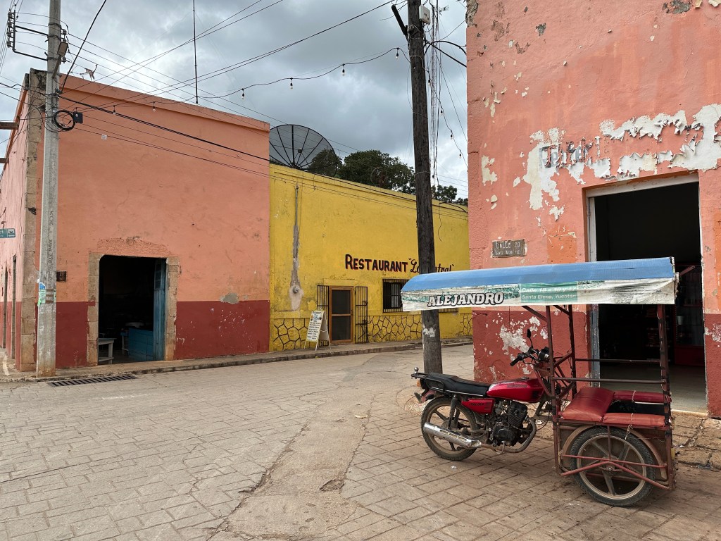 Roos, afbladderend gebouw, geel gebouw, driewieler. 