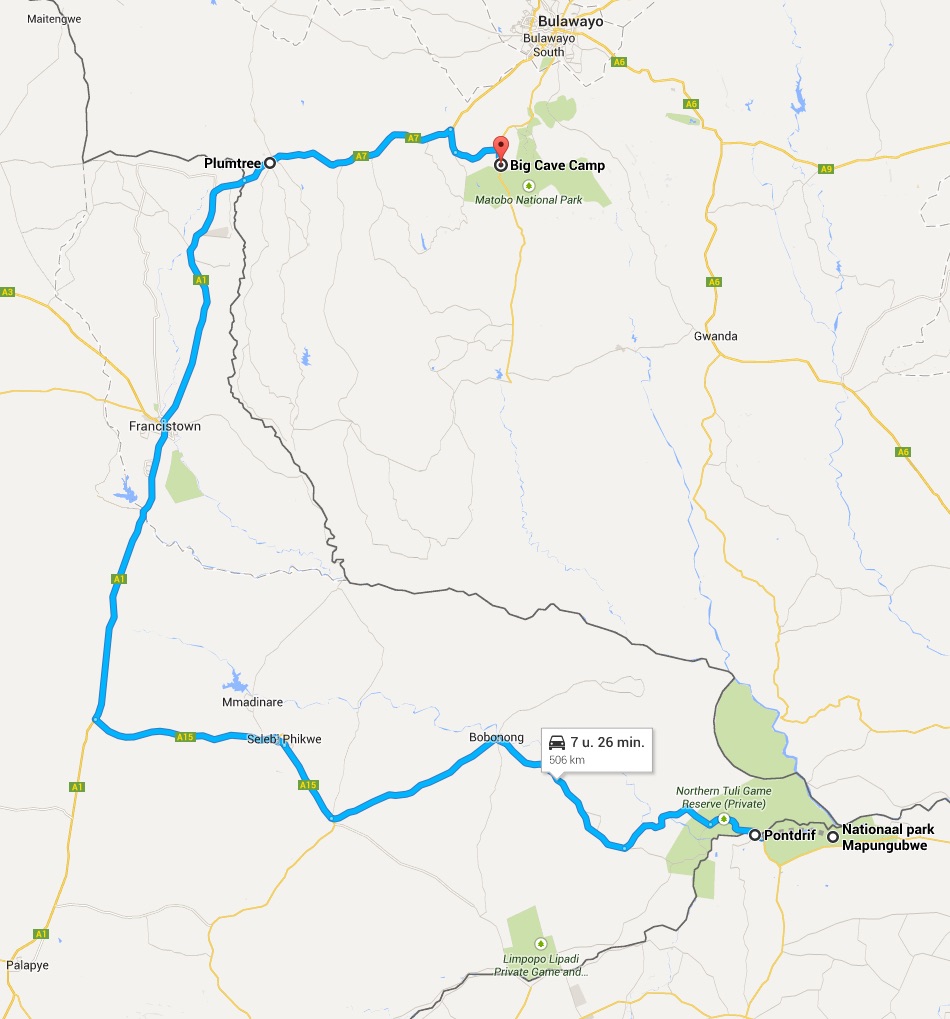 Kaart met route van Pontdrif naar Big Cave Camp
