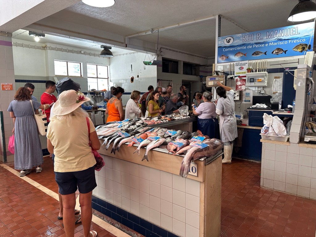 Stenen toog met uitgestalde vis in overdekte markt van Porto Covo
