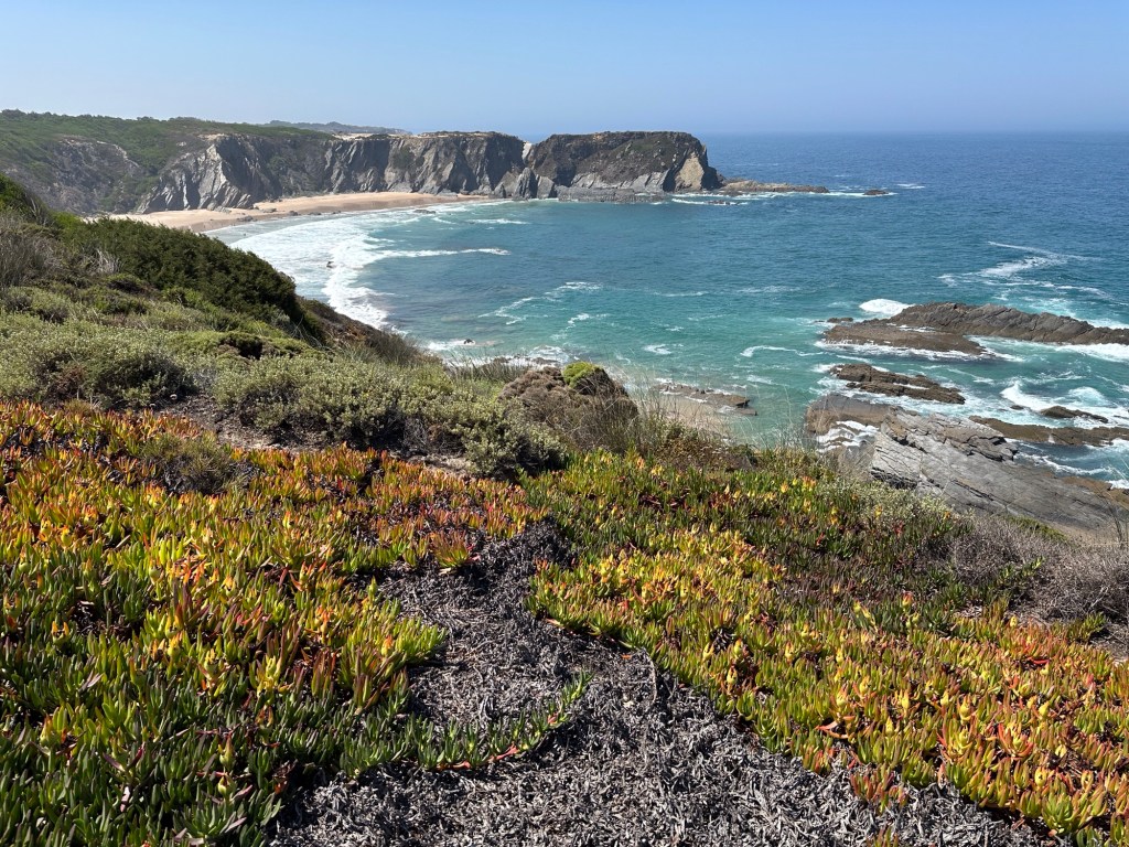 Praia dos Machados met begroeide rotsen op voorgrond