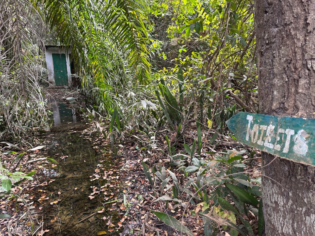 Toilet in jungle met grote waterplas er voor