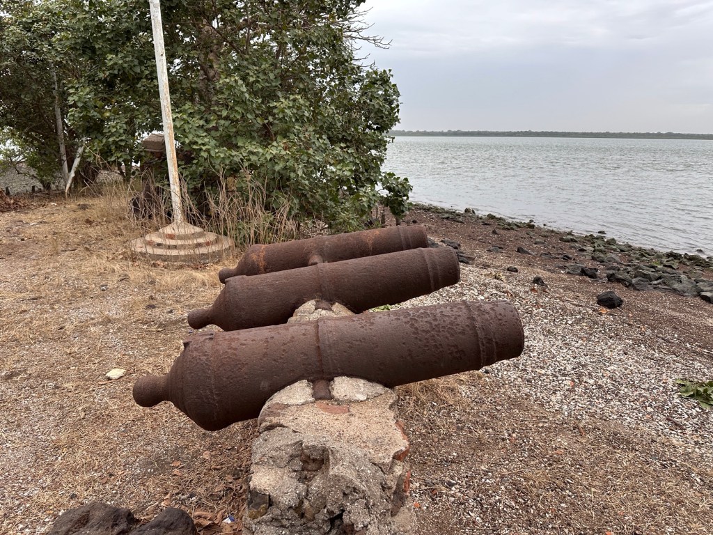 Oude kanonnen wijzend naar het water op Kunta Kinte eiland