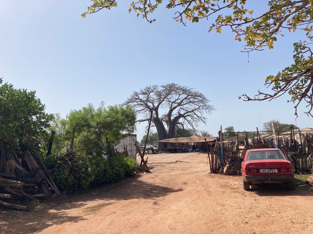 Rode grintweg met grote boom, rode auto en restaurant