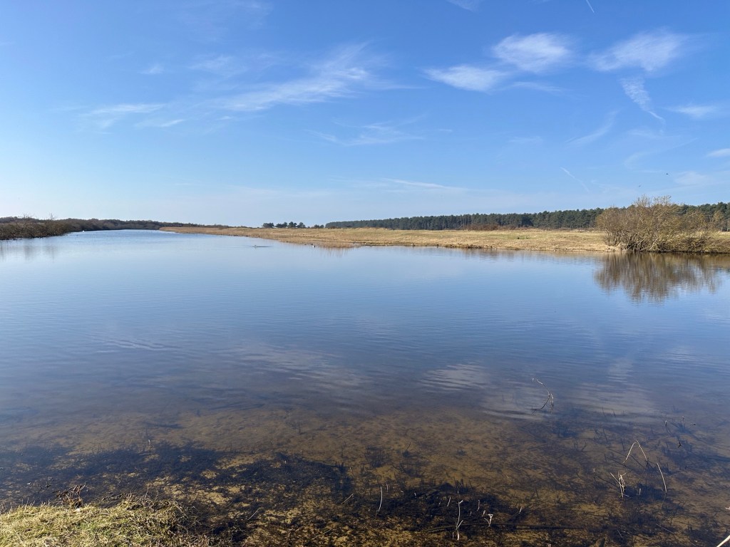 Uitgestrekt water met weerspiegeling van wolkjes