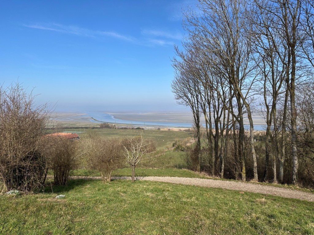 Zicht op de baai van de Somme met bomen op de voorgrond en bij eb