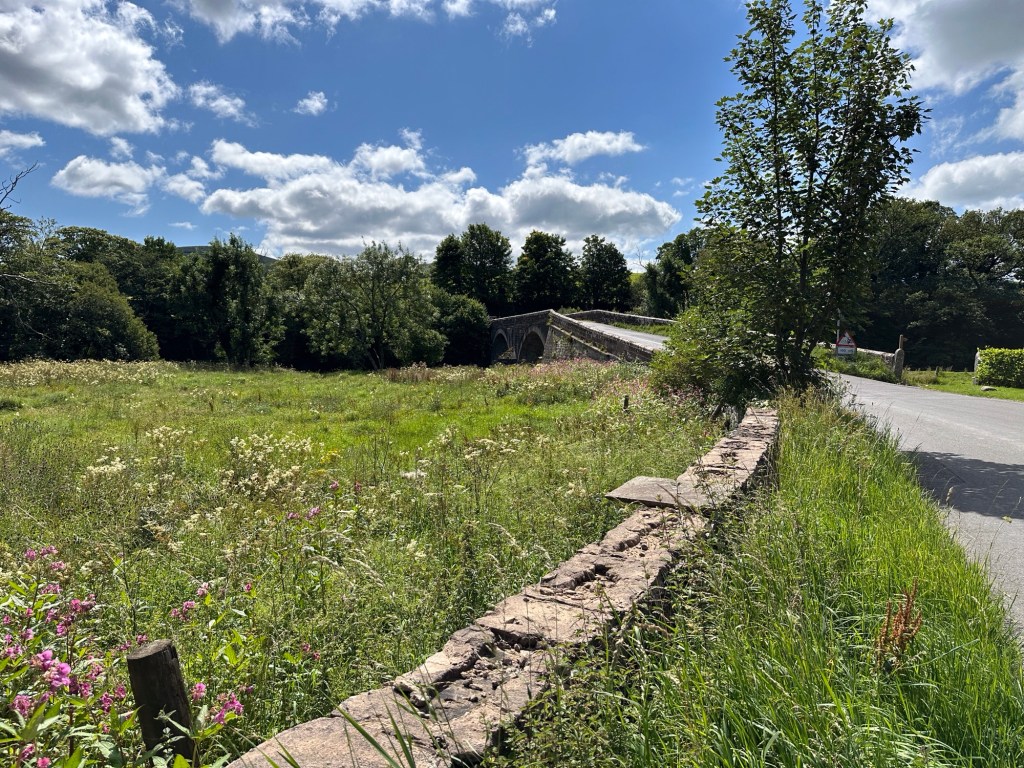 Weide, weg en boogbrug over rivier. 