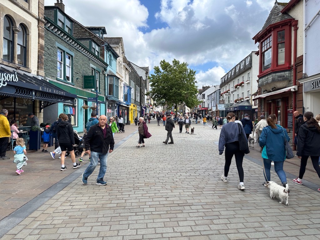 Drukke winkelstraat met boom in het midden.