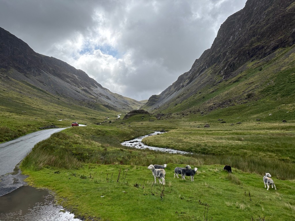 Vallei in de bergen met weg en riviertje.