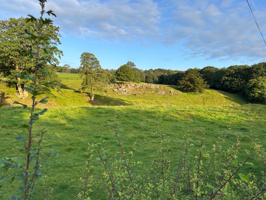 Groen, glooiend landschap met rotsen.