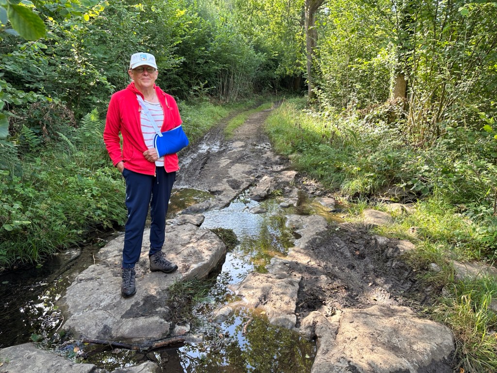 Toeriste met arm in sling op rotsblok in bos. 