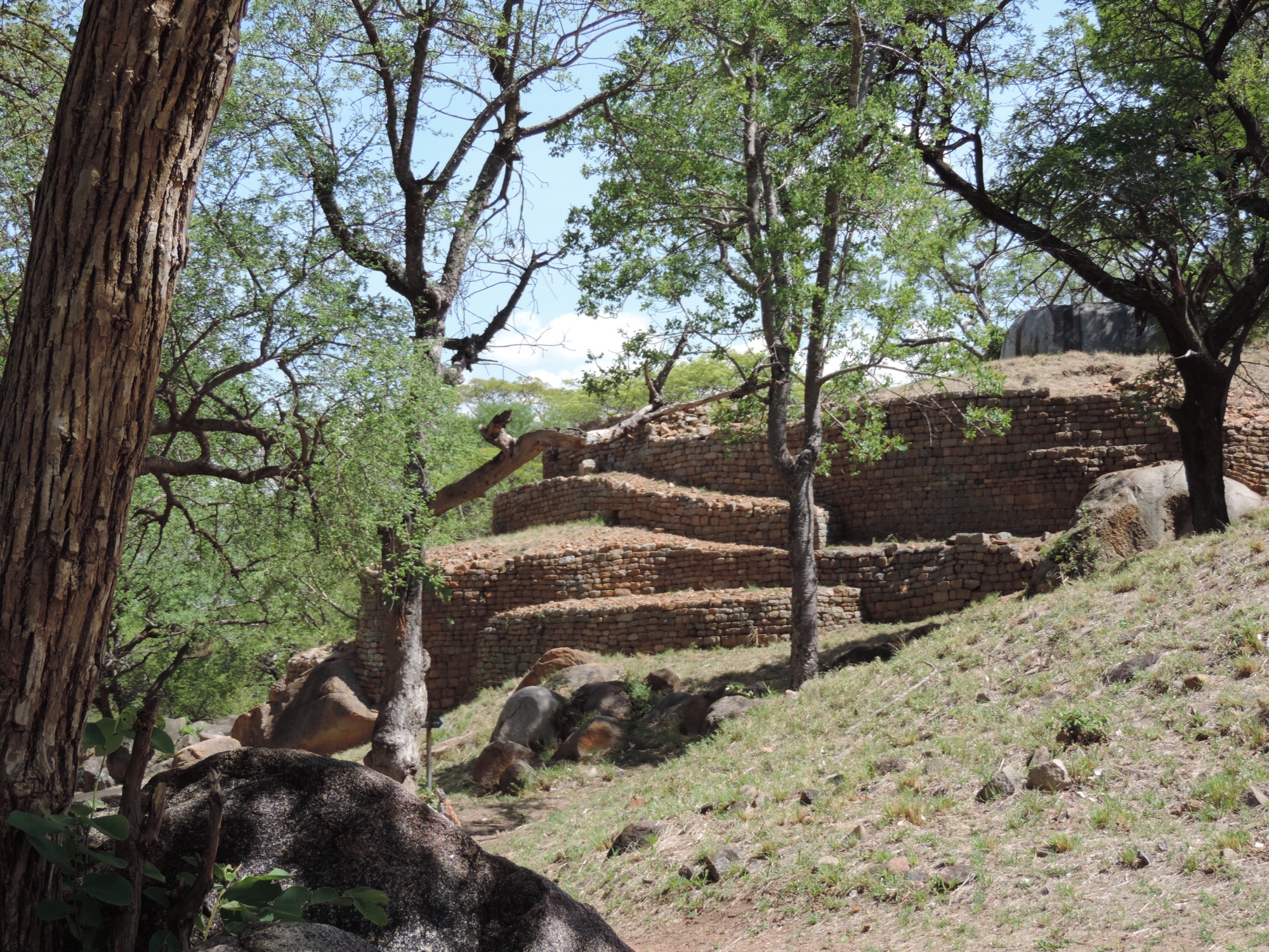 Khami ruïnes: muren van gestapelde stenen in bos.