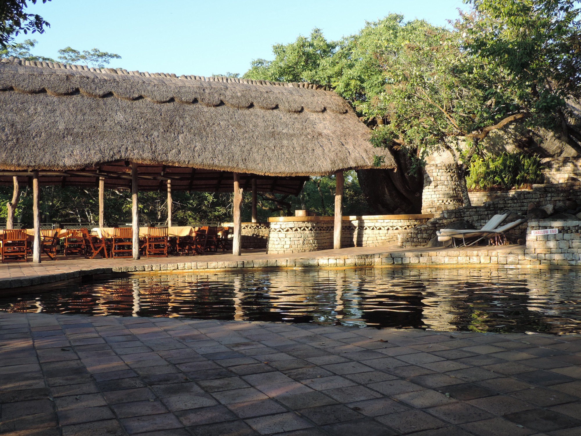 Zwembad voor centraal lodge-gebouw met rieten dak.