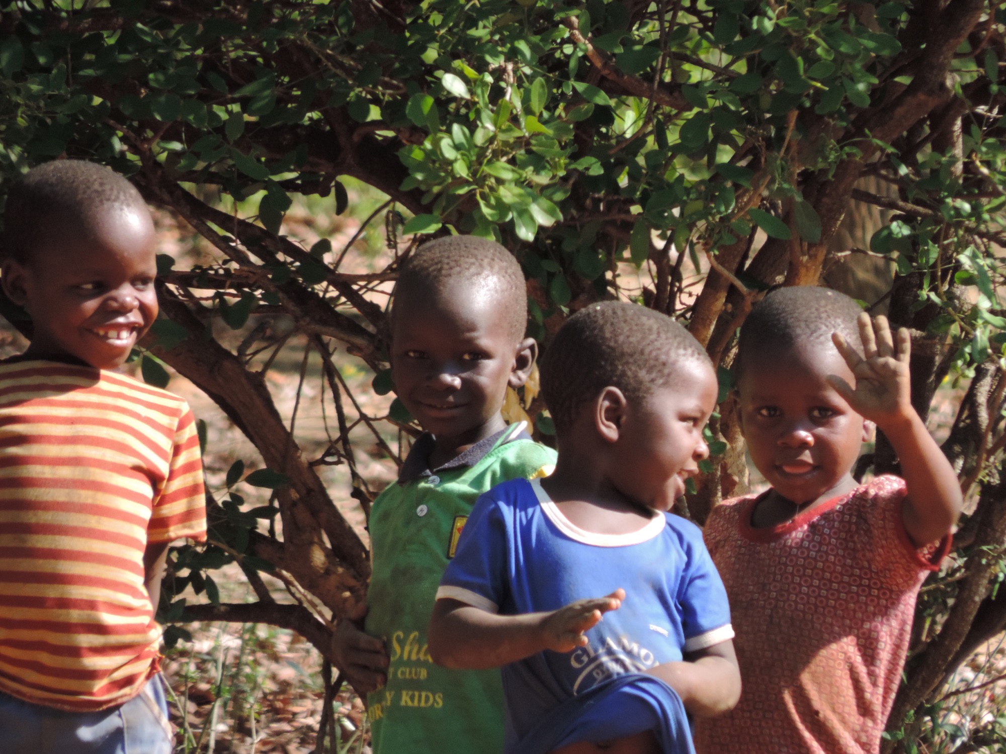 Vier zwarte kinderen wuiven.