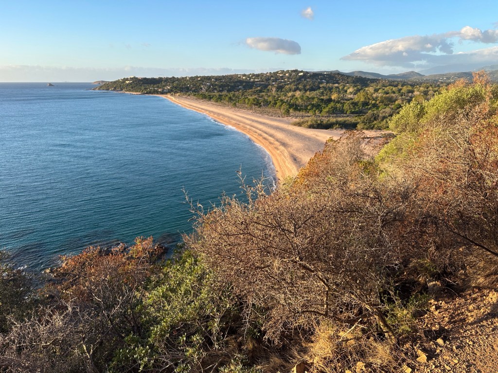 Beboste baai met strand. 