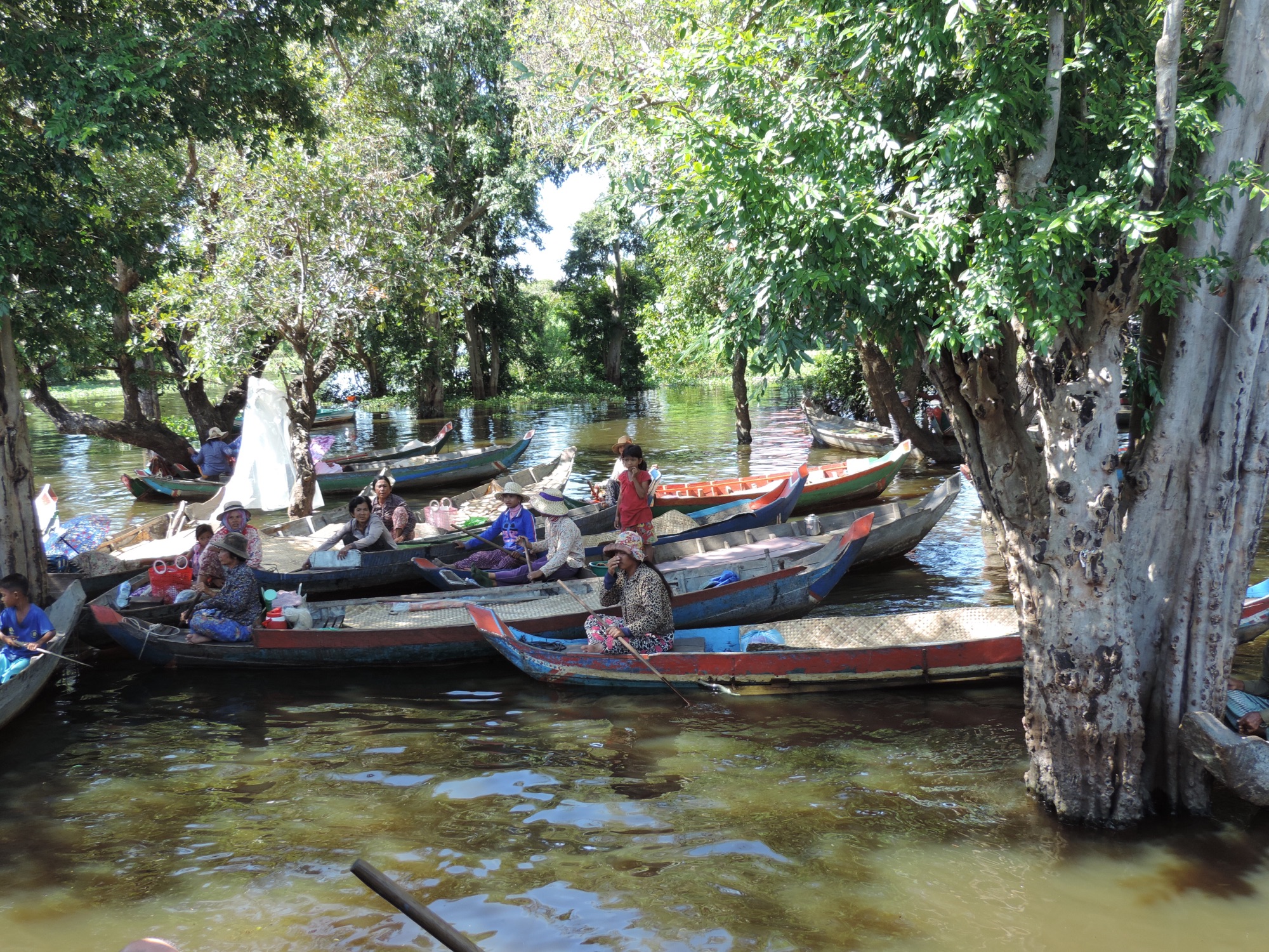 Vele bootjes aangemeerd in kleine kreek.