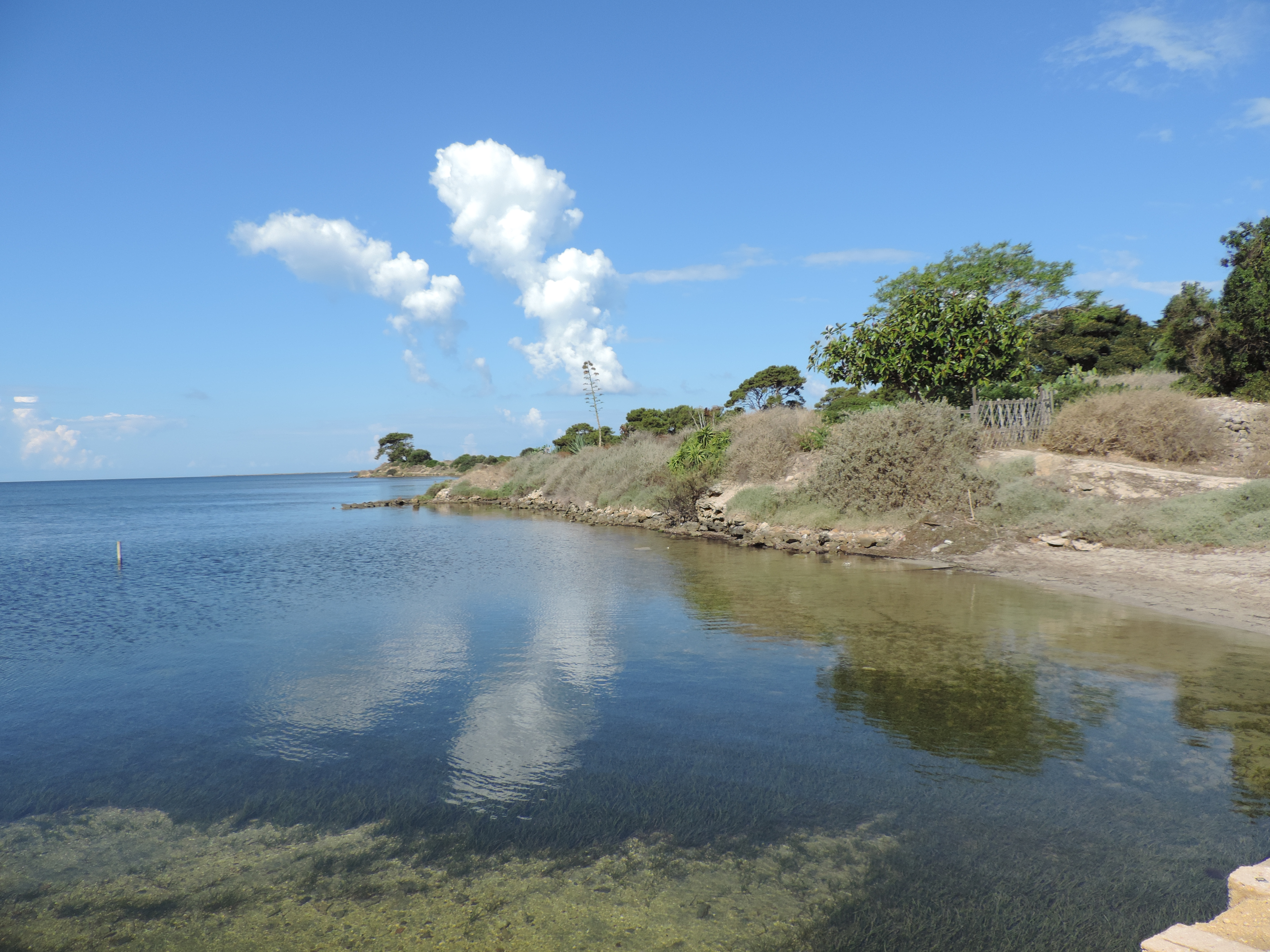 Mozia: oever, witte wolkjes in blauwe lucht.
