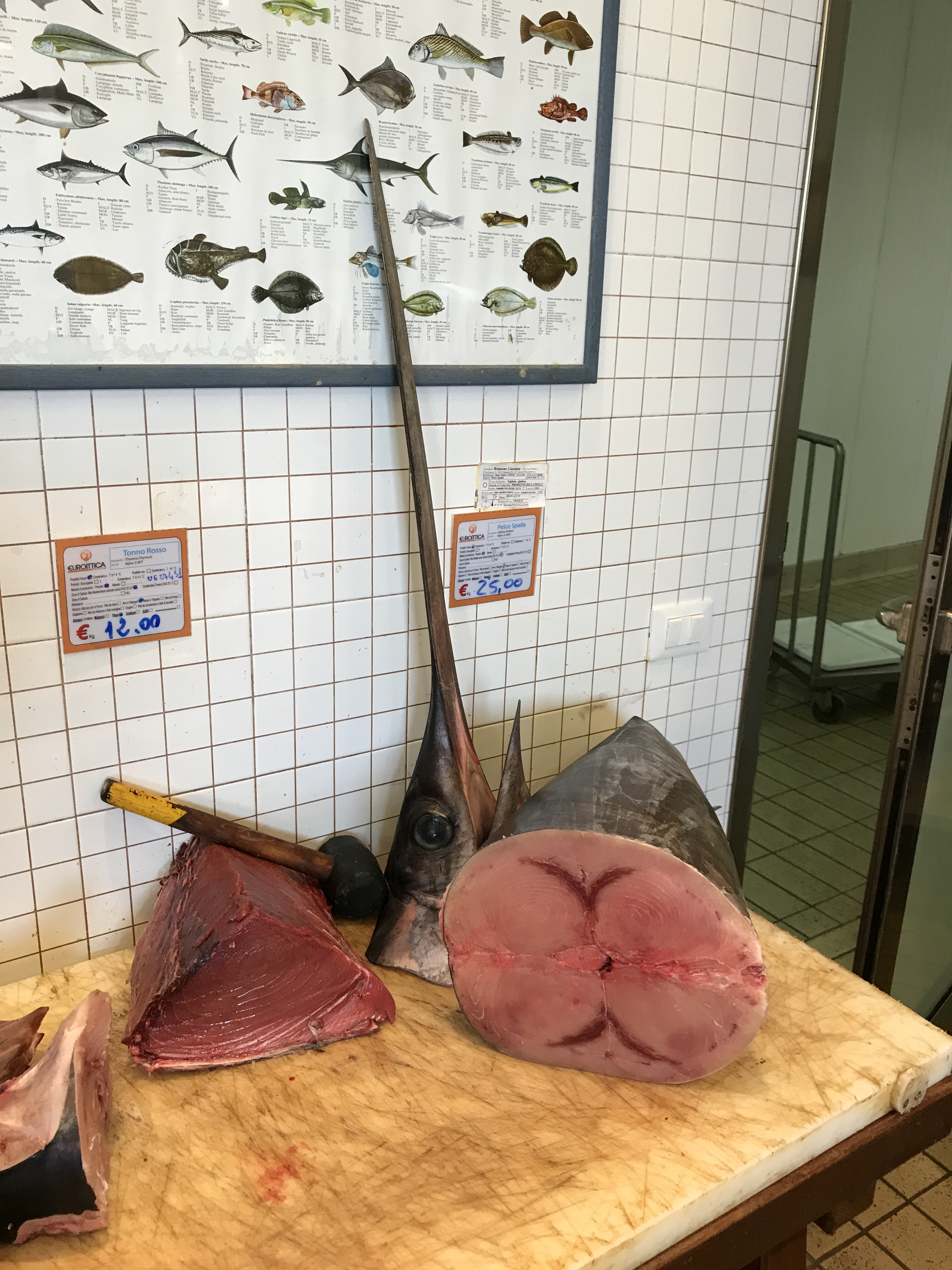 Zwaardvis en tonijn in viswinkel.