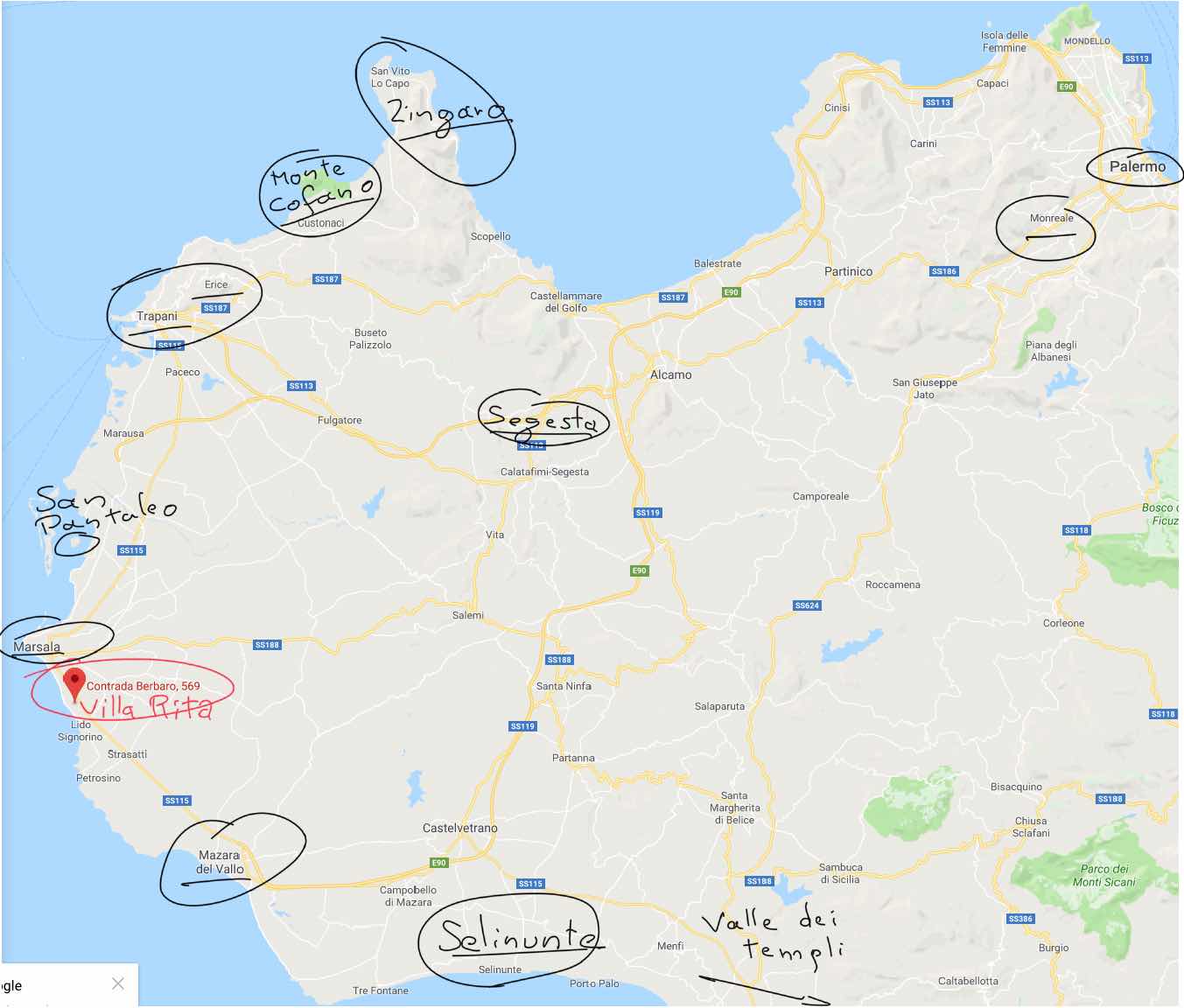 Kaart van het westen van Sicilië.