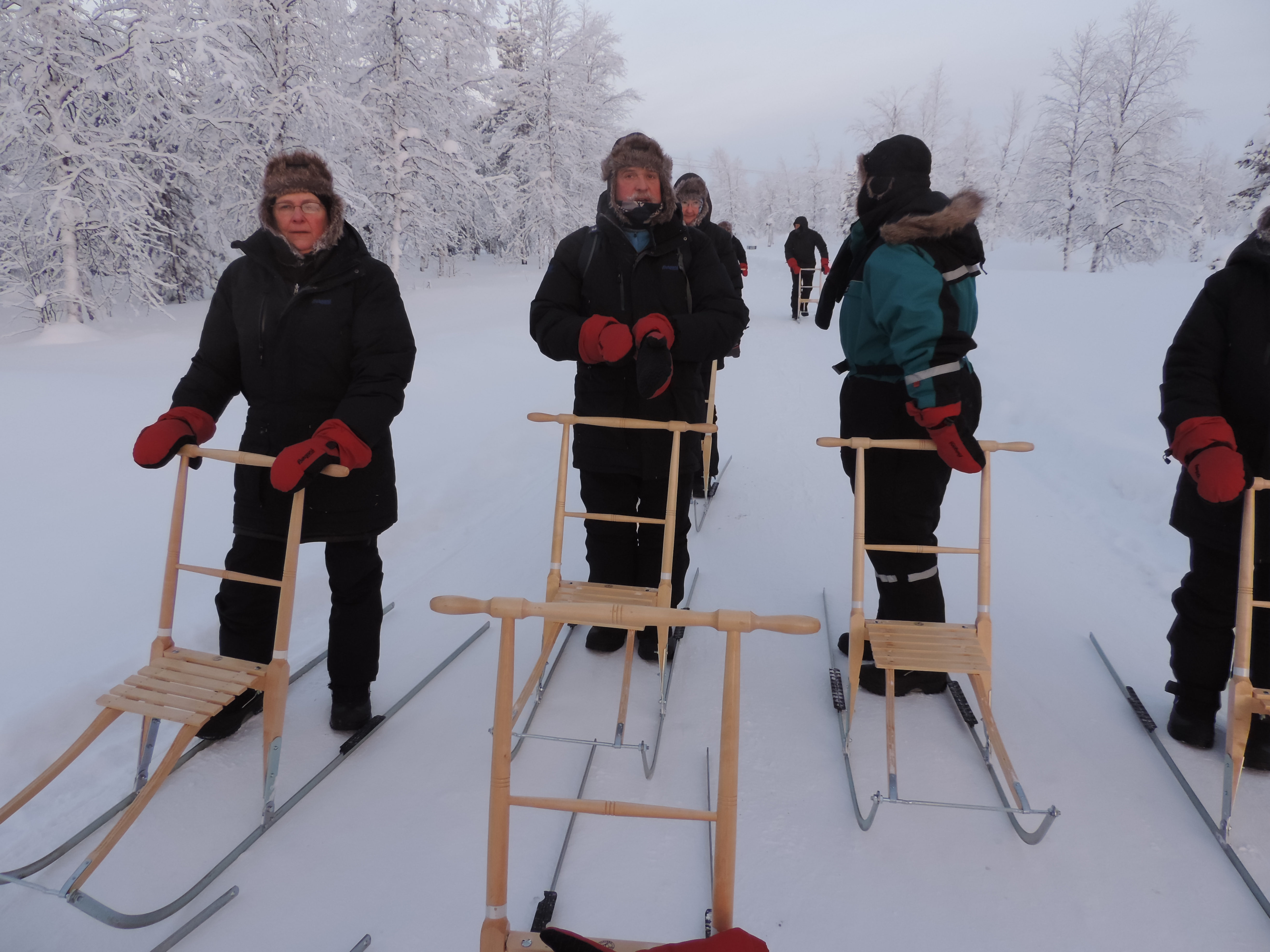 Groep mensen met individuele sledes.
