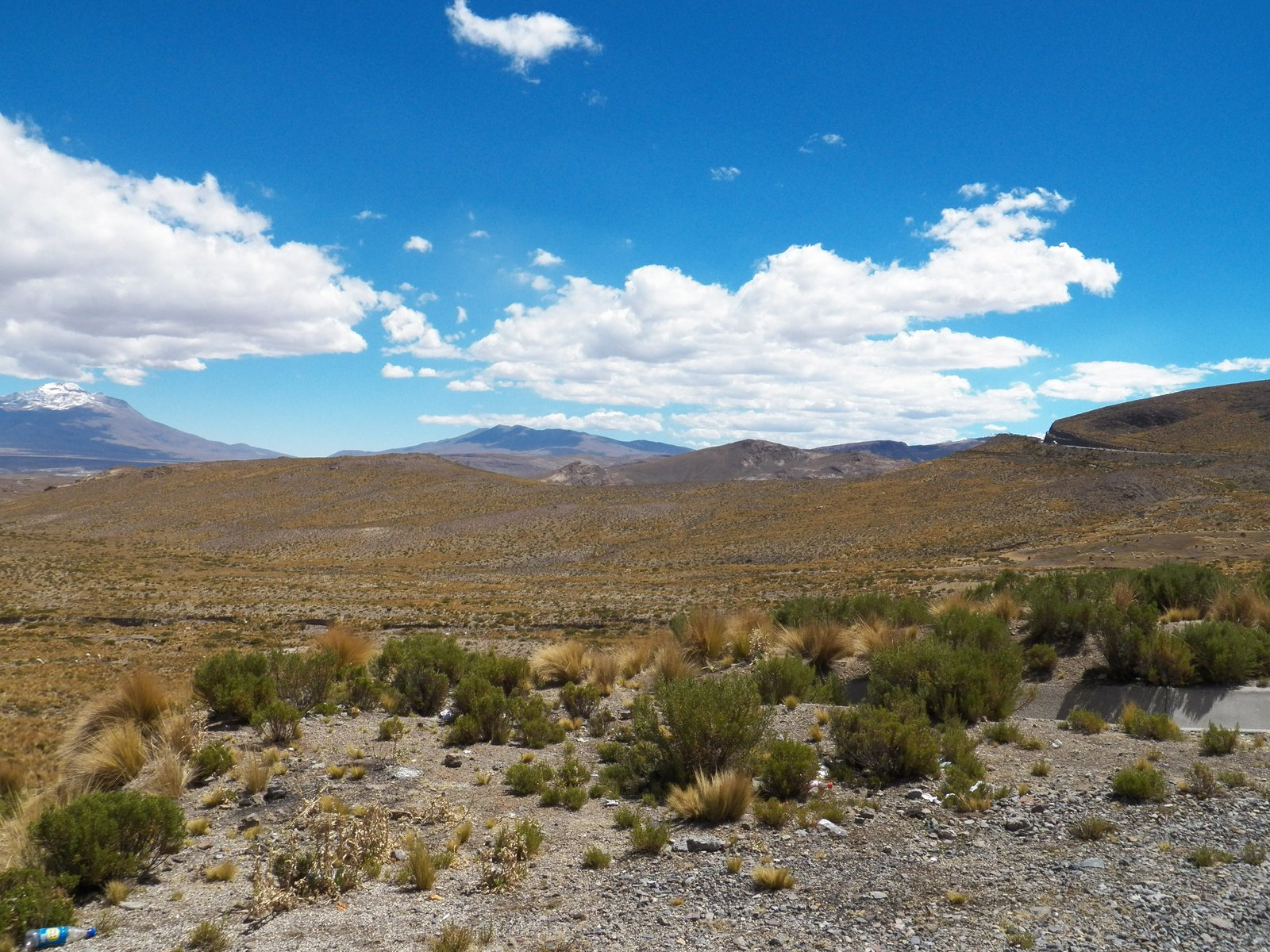 Hoogplateau van de Andes: bruin, bergtoppen, staalblauwe lucht met witte wolken.