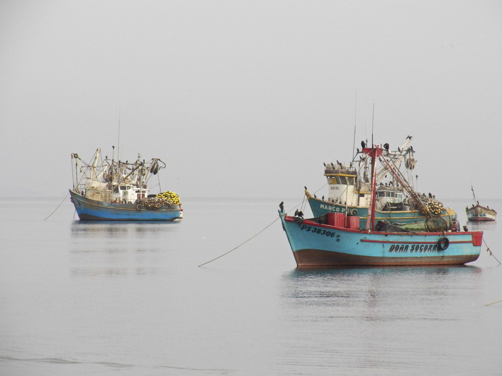 Twee vissersboten op spiegelgladde zee.