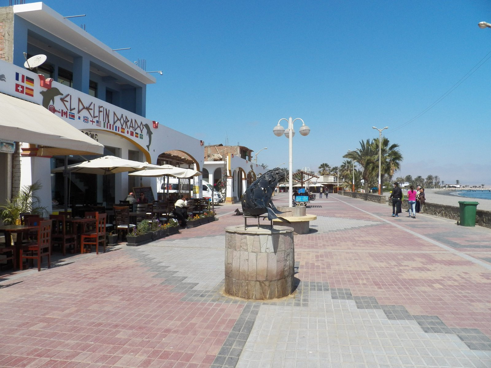 Wandelpromenade langs de zee met links restaurant.