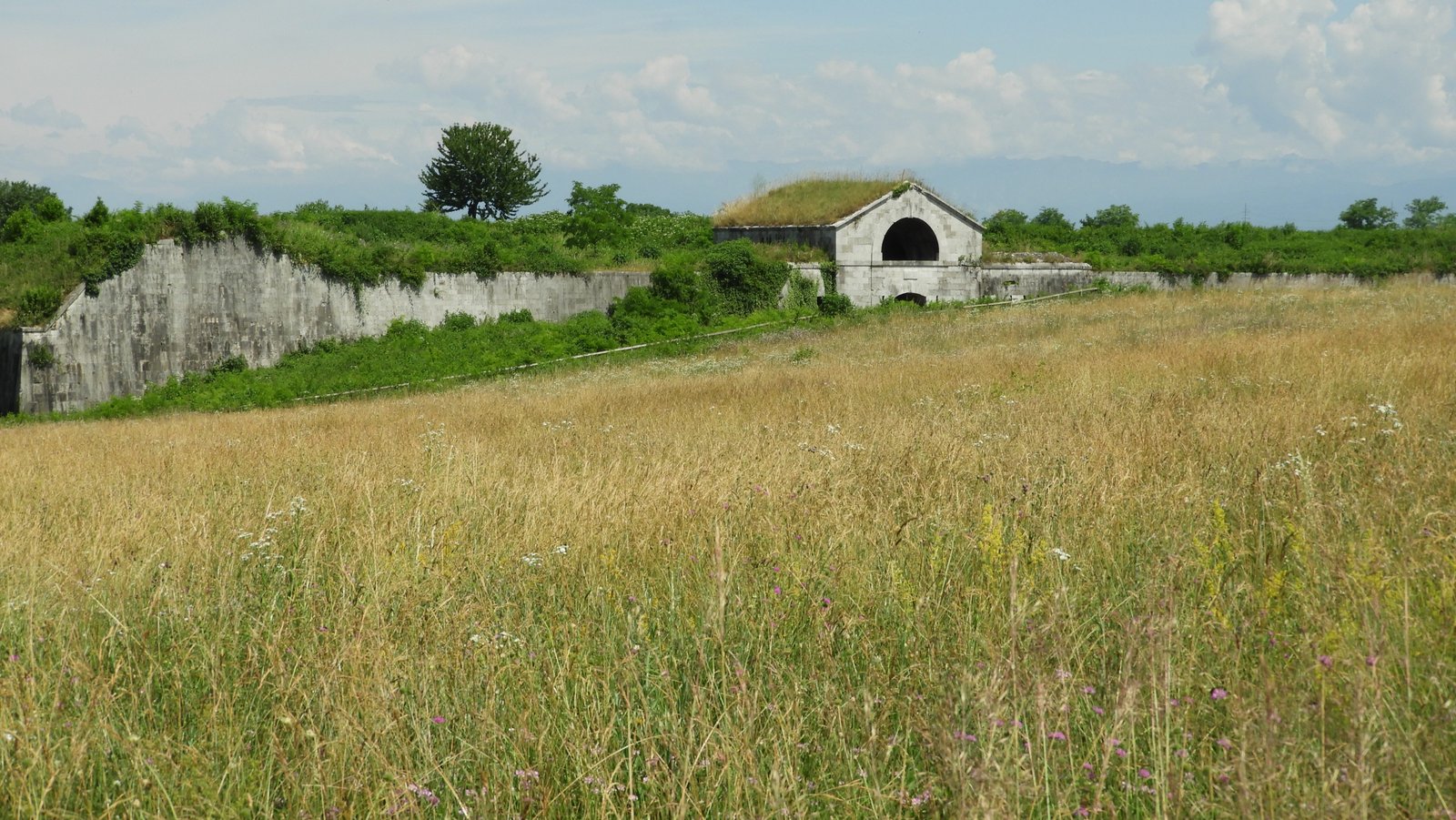 Hooiweide met stadsmuur en klein huisje in de muur.