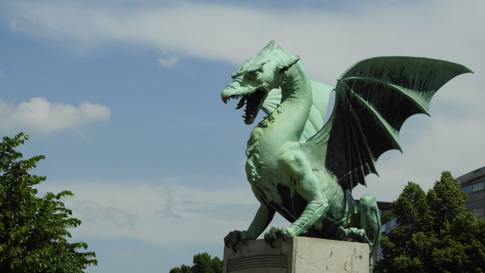 Groen koeren draak tegen blauwe lucht.