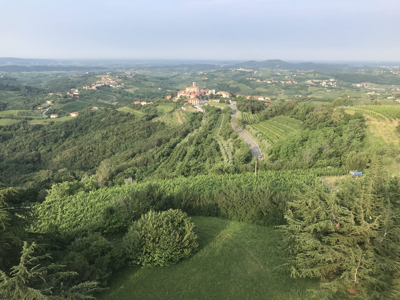 Panorama vanop toren: groen heuvelachtig landschap met wijngaarden en dorpjes.
