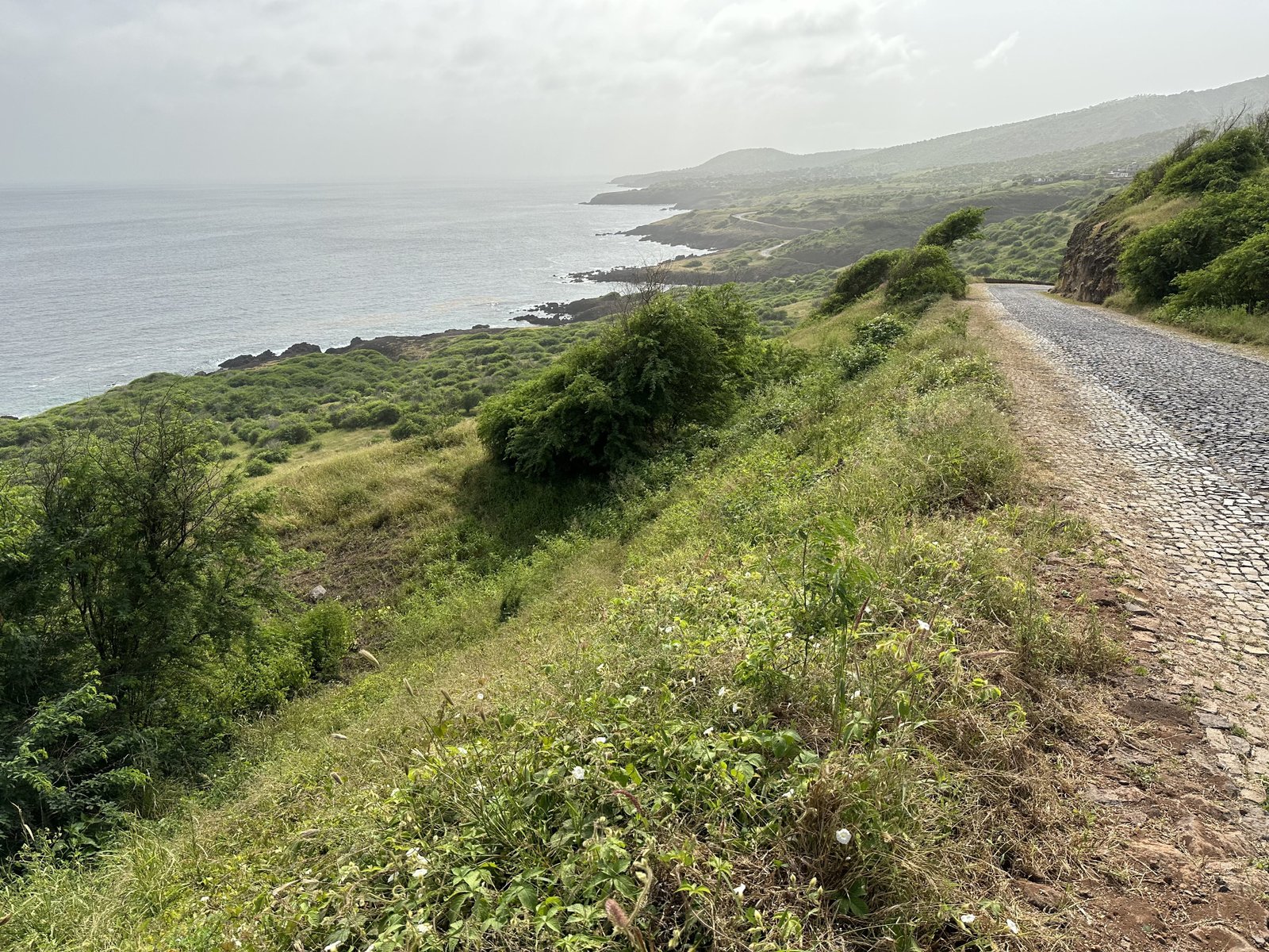 Panorama met links de zee en baaien en rechts een dalende kasseiweg op Santiago.