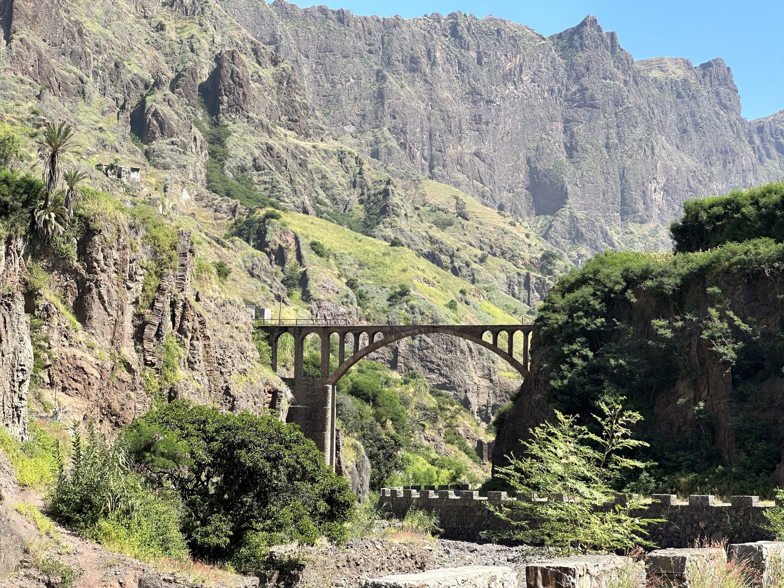 Boogbrug tussen heel hoge, groene rotsen.