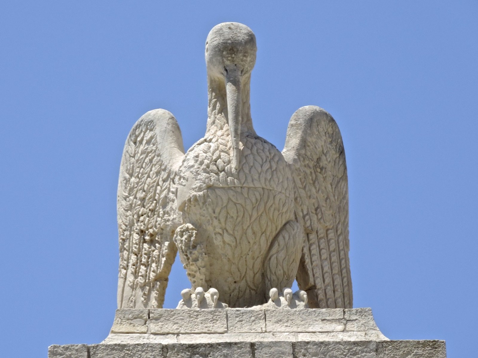 Standbeeld van pelikaan-achtige vogel.