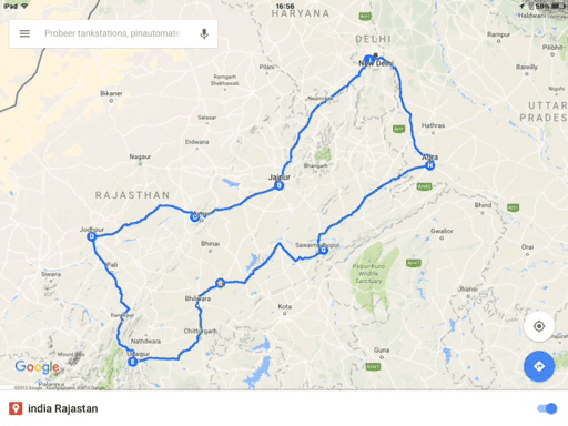 Kaart met reisroute.