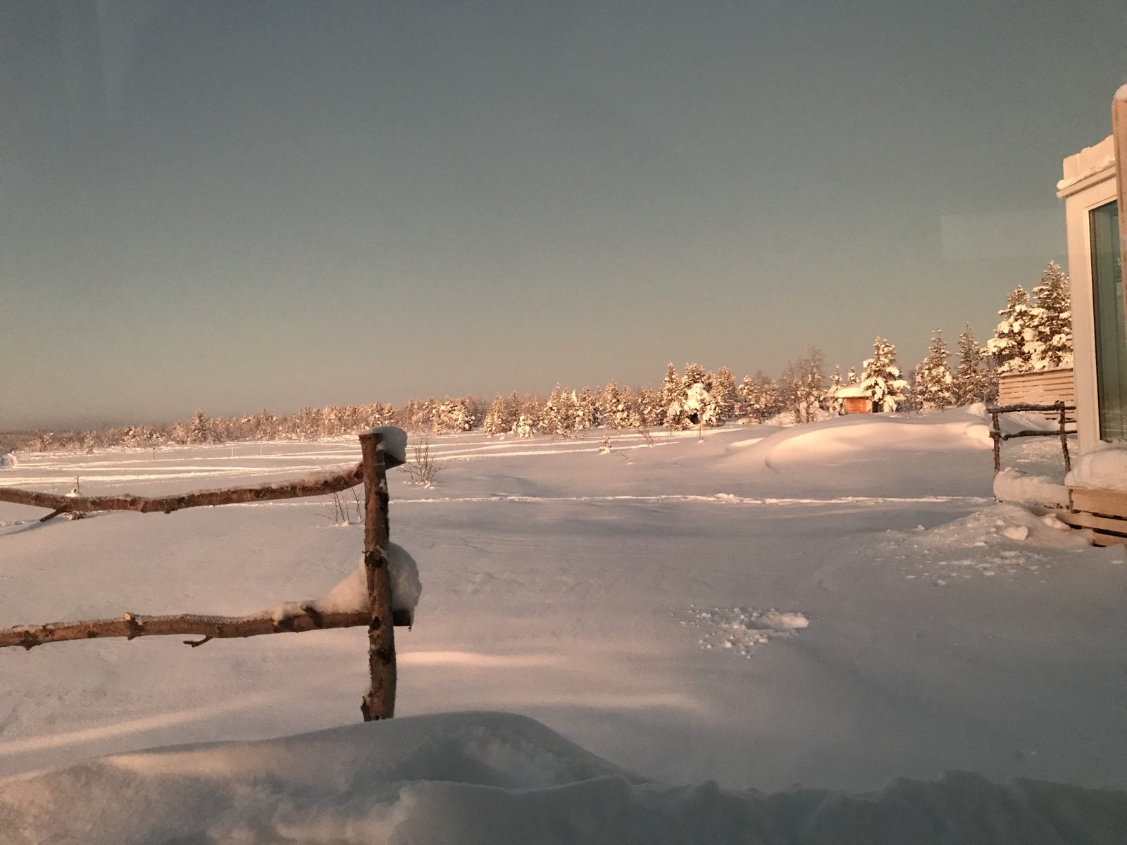 Sneeuwlandschap met stralende avondzon.