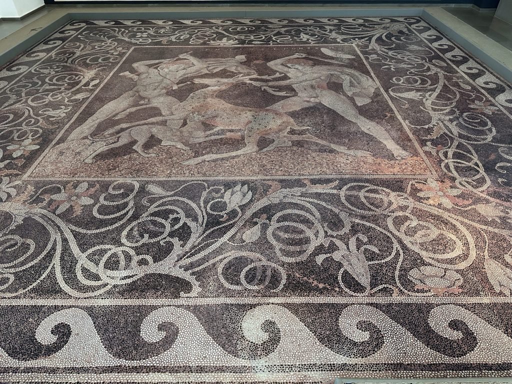 Mozaïek van naakte, vechtende figuren in Pella, archeologisch museum