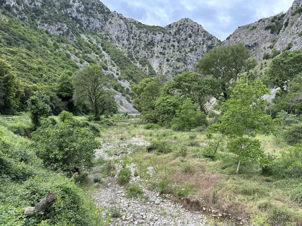 Louros-vallei, Centraal Griekenland: groen kloof met grijze rotsen
