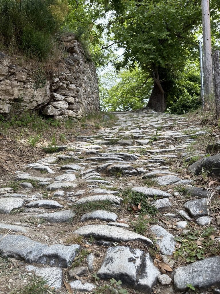 Milies: hobbelig kasseistraatje met oude muur en veel groen aan andere kant