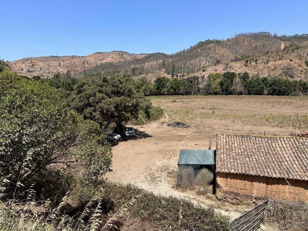 Schuur, droog grasveld en heuvels in Zambujeira de Cima