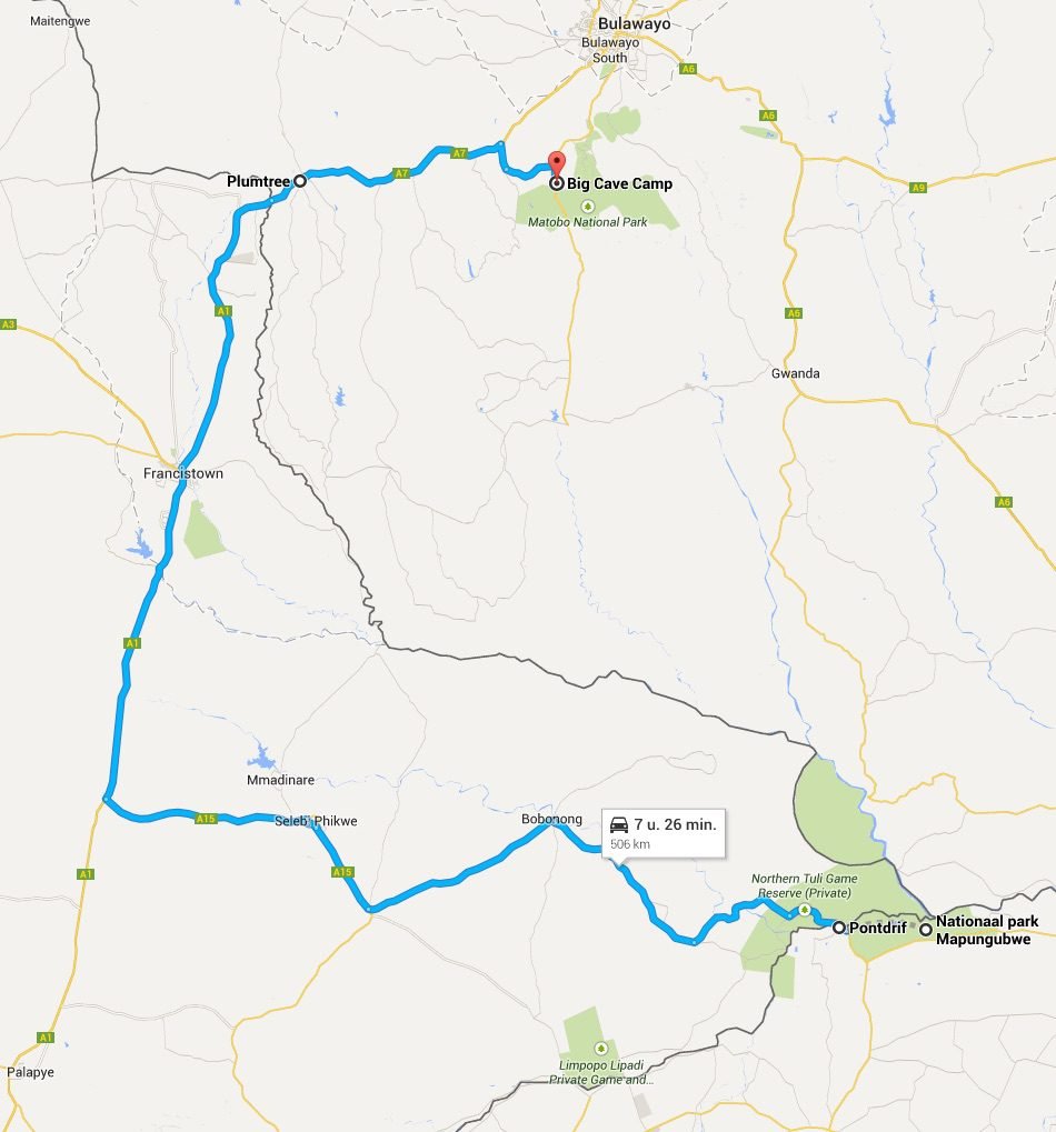 Kaart met route van Pontdrif naar Big Cave Camp
