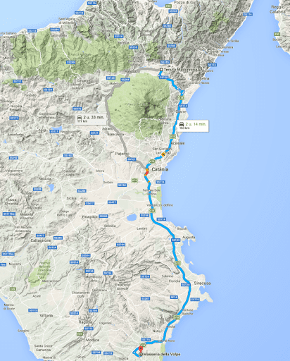 Reisroute oostelijk Sicilië.