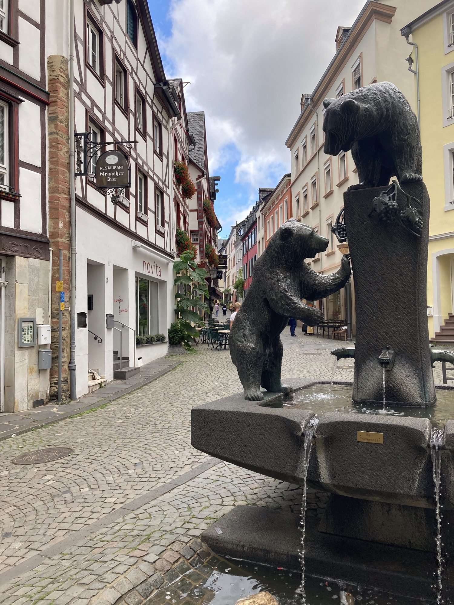 Fontein met twee beren en vakwerk-huizen.