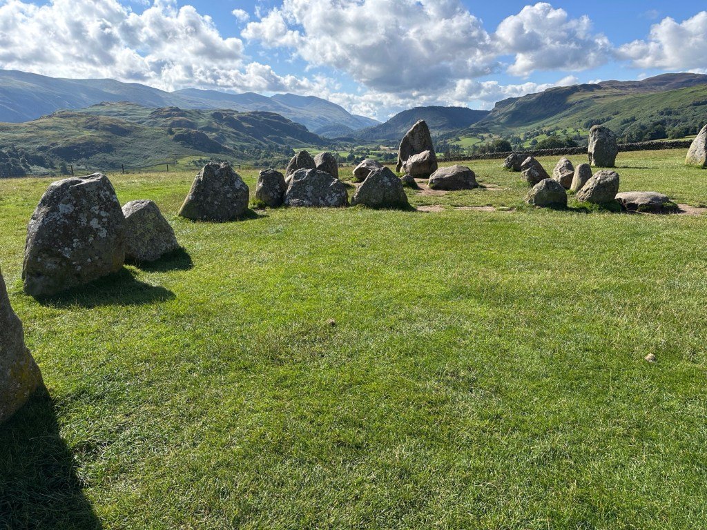 Grasveld, steencirkel, bergen en wolken. 