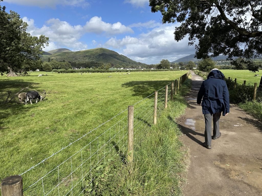 Berg, weide , toeriste op wandelweg rechts. 